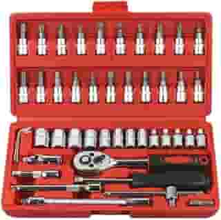 Jogo de Soquete Kit com 46 peças Ferramentas Chave Catraca Conjunto de Soquetes Métricos Sextavadas Chave Allen Torx e Barra de Extensão Reparos Automotivos e Domésticos Maleta Compacta Premium