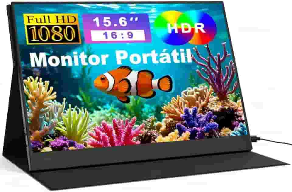 Monitor Portátil 15.6" 1080P Full HD 60HZ 1000:1 IPS Tela HDMI USB-C para Notebook Laptop PC iPad iPhone Celular Jogos