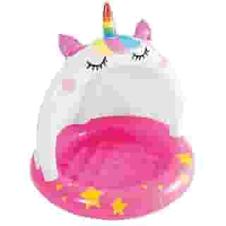 Intex 58438 Piscina insuflável unicornio, com teto e chão insuflável, Piscina bebé, medidas de 102 cm de diâmetro e 102 cm de altura, inclui remendo de reparação, capacidade de 45 litros.