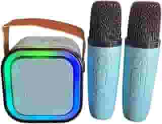 Caixa de Som Bluetooth com Karaokê – Acompanha 2 Microfones – Som Potente e Bateria Recarregável (Azul)