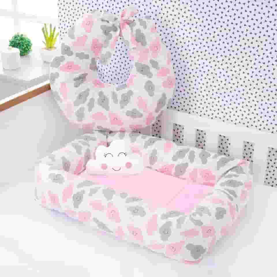 Ninho Redutor de Berço Quadrado com Almofada Nuvem, 70 x 45 cm, Algodão + Almofada para Amamentação, 58 x 55 cm (Nuvem Rosa)