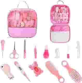 Kit Higiene Bebe Recém Nascido,Estojo Cuidado Bebê com 13 em 1 com Tesoura, Pente para Bebe, Termômetro, Cortador de Unhas, Lixa de Unhas e outros Kit Maternidade- Linha Premium (Rosa)