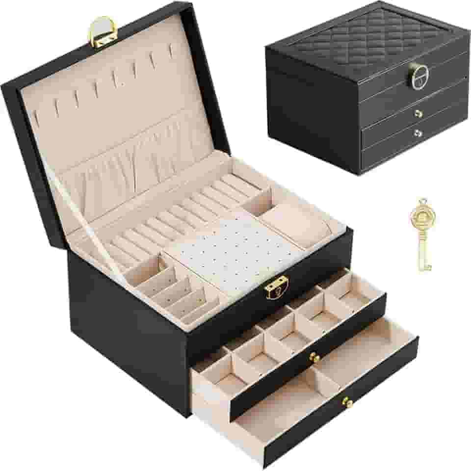Porta Joias, Porta Joias Grande, Caixa de Joias Organizadora de Três Camadas, Organizador de Joias com Divisórias e Armazenamento Razoáveis, Adequado para homens e mulheres, Trancável com chave