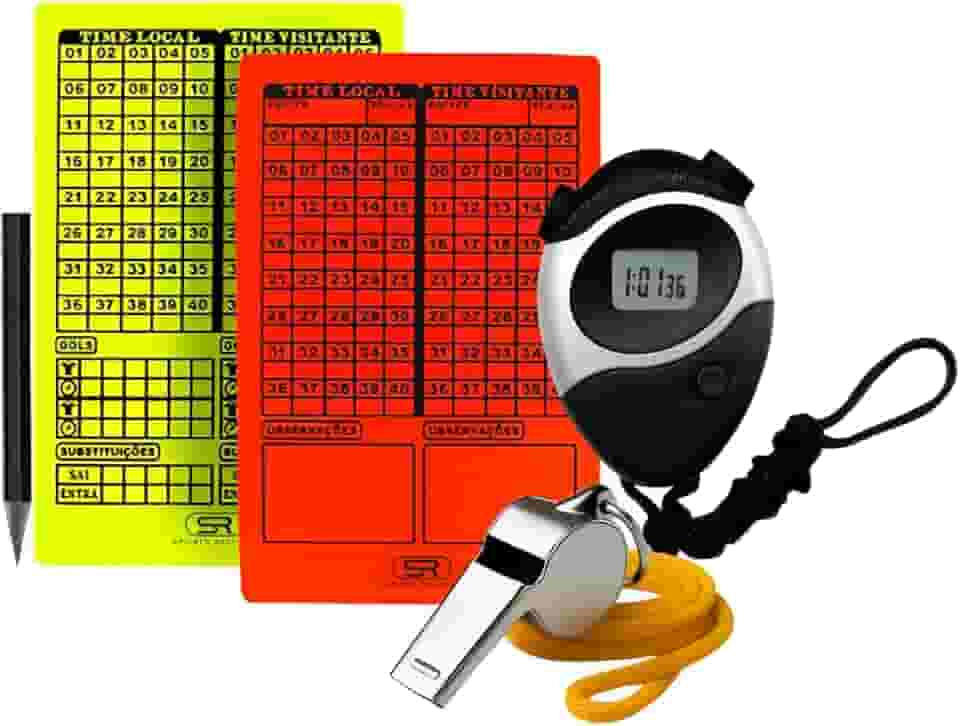 Kit de Árbitro Profissional, Cartões Amarelo e Vermelho, Apito Metálico com Cordão, Cronômetro Digital