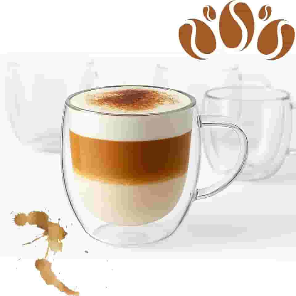Kit 4 Xicara Vidro Dupla Parede 250ml Alça Café Expresso Borossilicato Térmica Latte Transparente Parede Dupla Cappuccino Mantém Café Quente Sem Esquentar as Mãos Caneca