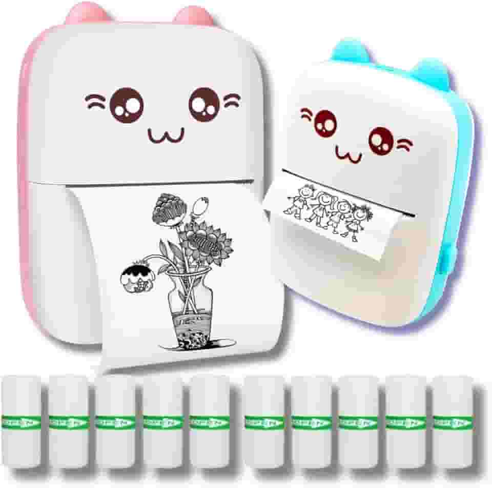 Mini impressora térmica portátil sem fio 200dpi (Azul) + 10 rolos papel adesivo térmico e 1 rolo comum 57 * 30mm impressão bluetooth para fotos scanners, etiquetas (azul)