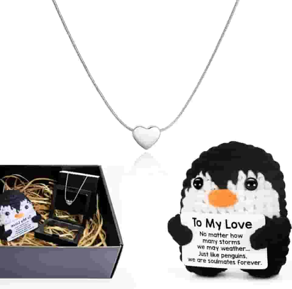 Presente Feminino Romântico Inesquecível Namorada Esposa Dia dos Namorados - Kit Pinguim de Crochê e Colar de Coração em Aço Inoxidável - Embalagem Premium para Surpreender
