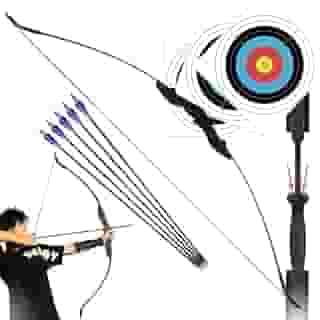 Kit Arco de Resina de Nylon 40lbs Ambidestro Profissional + 5 Flechas de Fibra de Vidro com Ponta de Alumínio + 3 Alvos 40x40 Para Treino Tiro ao Alvo
