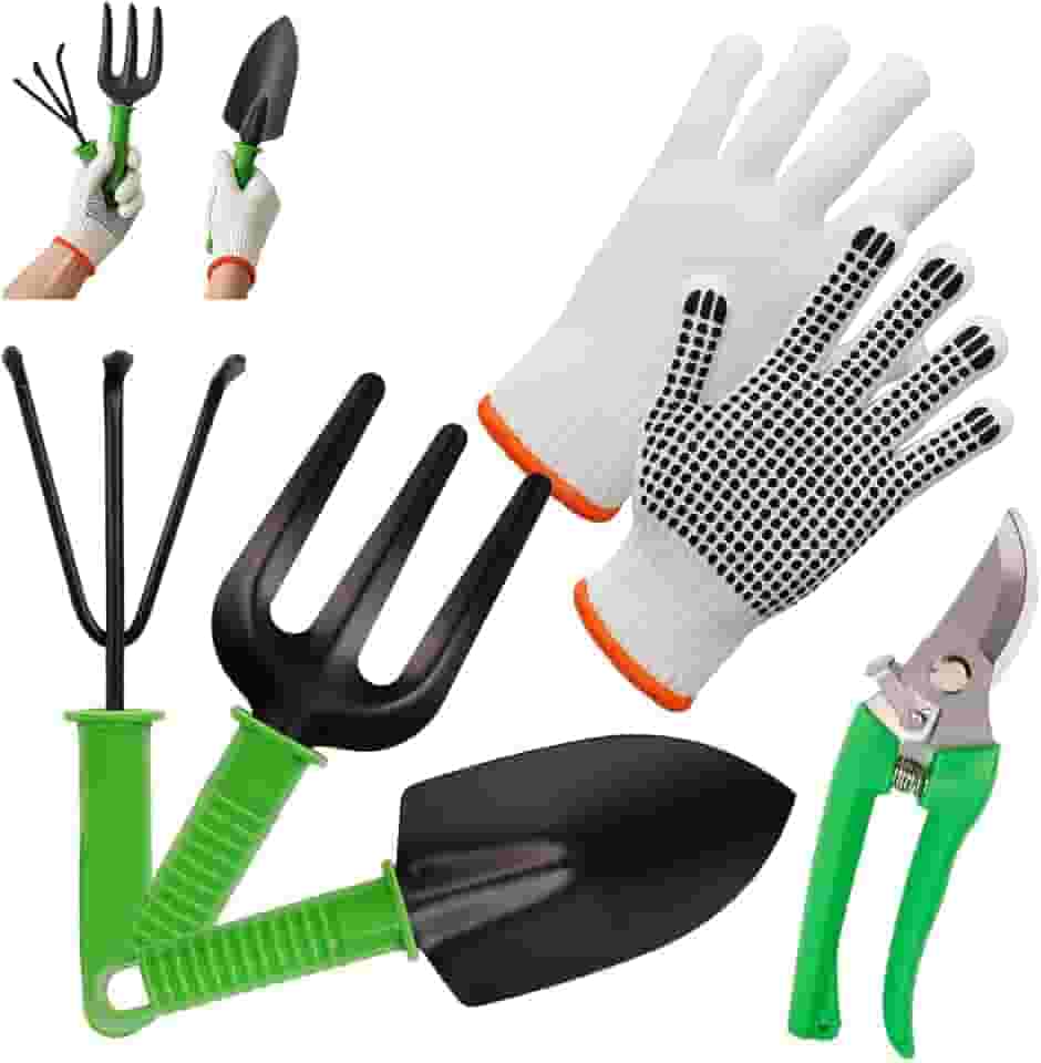 Kit para Jardinagem 5 Peças - Pá, Garfo, Ancinho + Tesoura de Poda + Luva