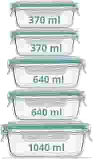 Conjunto de Potes Herméticos de Vidro com Tampa, 5 Peças, 370ml, 640ml, 1040ml, Verde