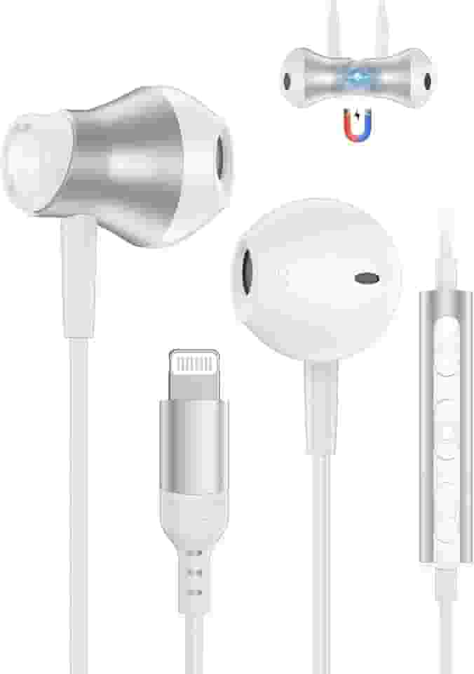 Fones de ouvido Lightning com fio para iPhone 14/14Pro/14Pro Max/13/13 Mini/12/12 Pro/11/XR/8, MFi Fones de ouvido Lightning com fio magnético com cancelamento de ruído da Apple, fones de ouvido com