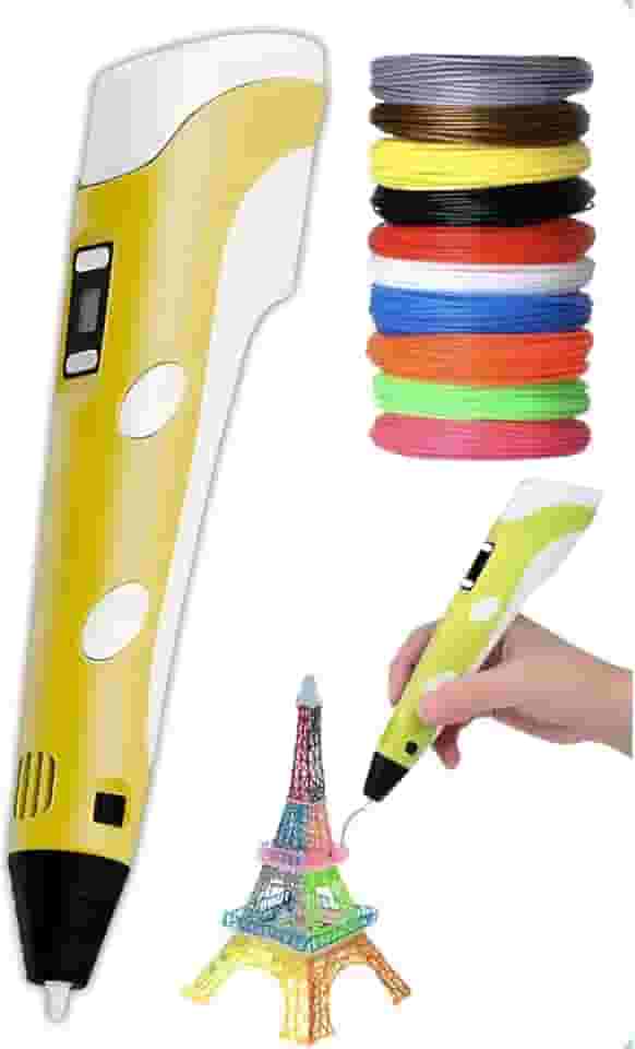 Caneta Impressora 3D USB Bivolt com Controle de Temperatura Display LCD e Filamentos ABS/PLA - Kit Completo para Crianças e DIY Criativo (Amarelo)