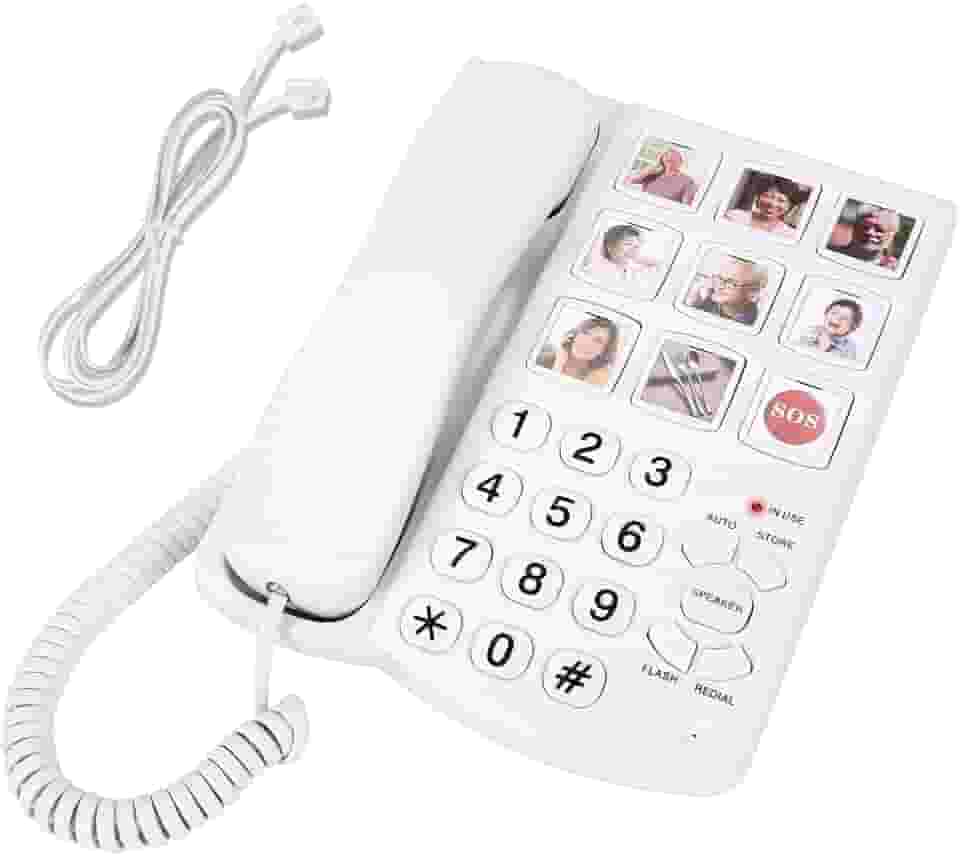 Telefone com botão grande para idosos, 9 botões grandes de foto e discagem com um clique, sino alto, fácil de programar, telefones fixos para idosos, para pessoas com deficiências visuais, auditivas e