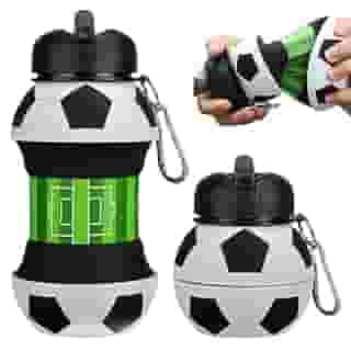 Garrafa Dobrável Infantil 500ml Silicone Retrátil Portátil Tema Bola de Futebol Antivazamento