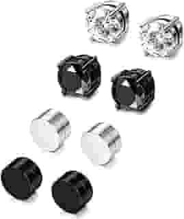 4 pares de brincos magnéticos de aço inoxidável para homens e mulheres brincos de zircônia cúbica sem piercing de 6 mm (4 pares por conjunto, 6 mm, preto + prata), Aço inoxidável