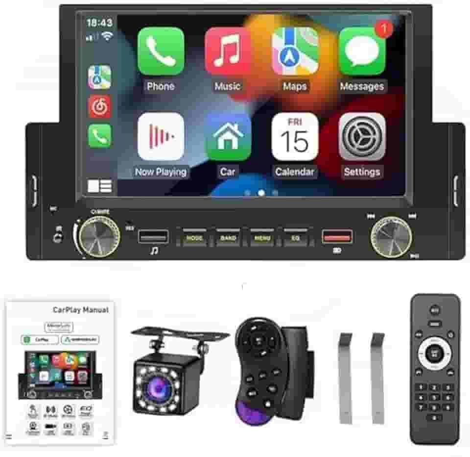 Sistema Estéreo para Carro, multimidia 1 din de 6,2 Polegadas, Compatível com Carplay e Android Auto, 12 LED Cámara Trasera, Bluetooth, suporta MP3 externo, telefones celulares