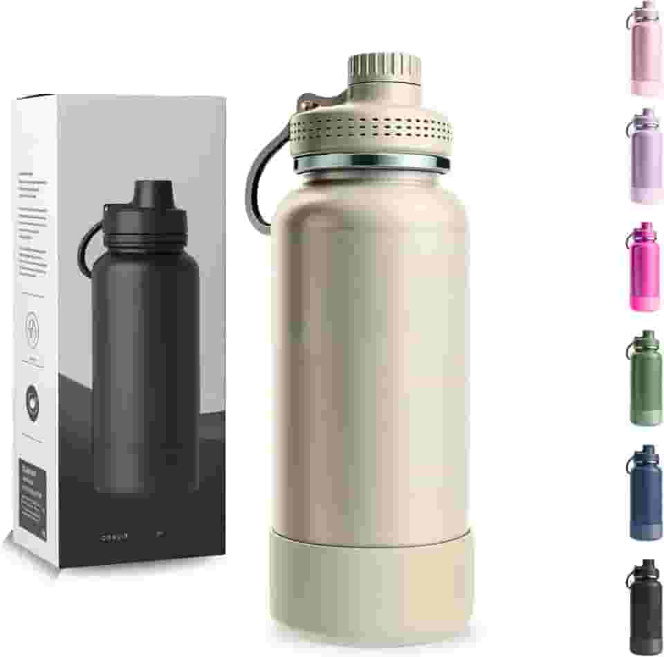 Garrafa Térmica 1000ML - Duplamente Isolada a Vácuo, Aço Inox 304, Capa Protetora da Base de Silicone, Mantém Bebidas Gelada 24 horas e Quente 12 horas (Creamy Wide)