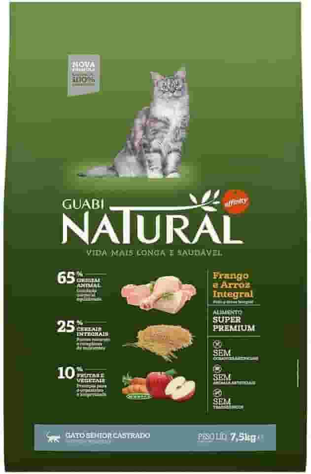 Ração Guabi Natural Gatos Sênior Castrados Frango e Arroz Integral 7,5 kg, Verde