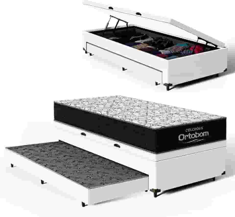 Bicama com Box Baú Solteiro com Colchão de Espuma D45 Ortobom Airtech 150 + Auxiliar Unique 88cm (Branco)