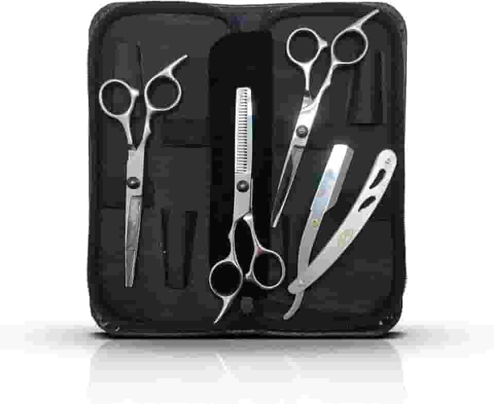 Kit Tesouras Profissionais para Barbeiro 5 Peças – Tesoura de Corte, Desfiadeira, Navalhete e Estojo – Aço Inoxidável para Corte de Cabelo e Barba Inox