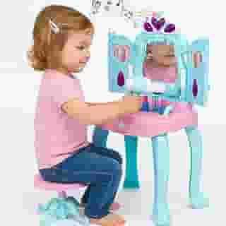 Penteadeira Infantil com Espelho Sensor Luz Música Bancada Secador e Acessórios de Brinquedo