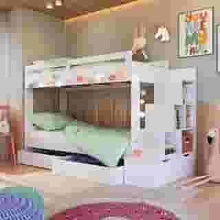 Cama Beliche Infantil Escada e Nichos com 2 Gavetões Branco