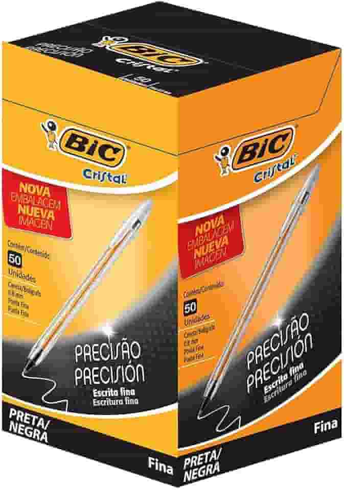 BIC, Caneta Esferográfica Escrita Fina, Cristal Fina, Preta, 50 Unidades