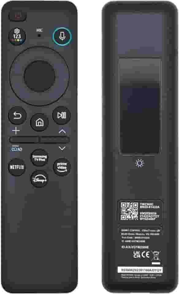 Controle remoto por voz solar BN59-01432A, recarregável por USB-C, Bluetooth com carregamento solar, compatível com Smart TV Samsung Neo QLED S90D Smart 8K HDR Ultra HD - Preto