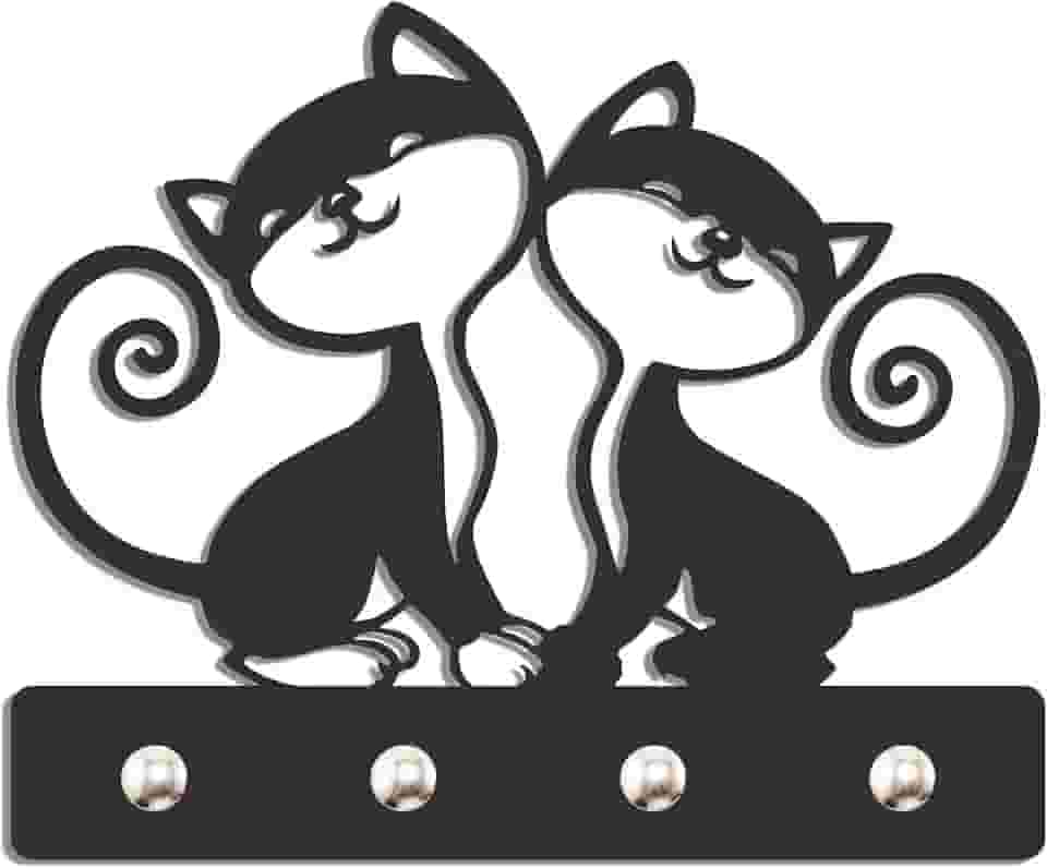 Genérico Porta Chave De Parede Decorativo Suporte Gancho Chaves Gato MDF 3mm 4 Ganchos Preto Fosco