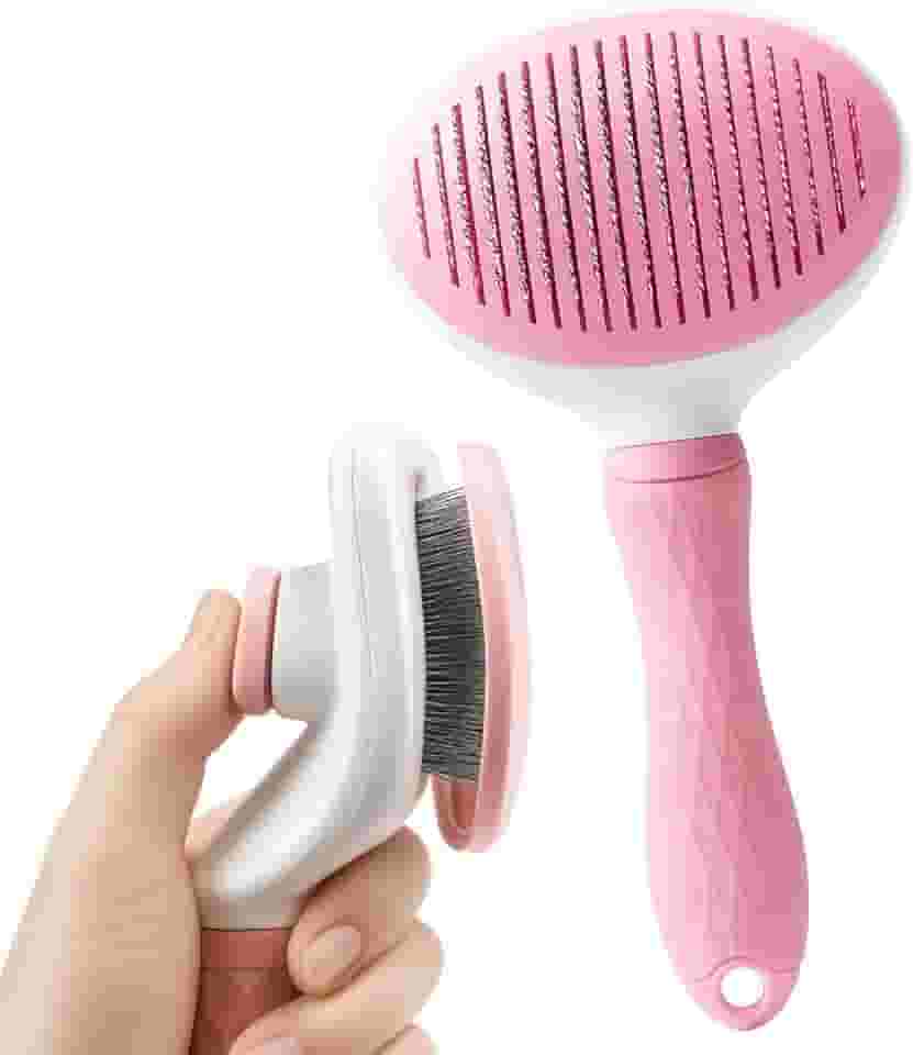 Escova Autolimpante Rasqueadeira Tira Pelos para Gatos e Cães de Pelo Longo – Removedora de Pelos com Botão de Limpeza, Cerdas Encapadas Seguras e Cabo Ergonômico Antiderrapante (Rosa)