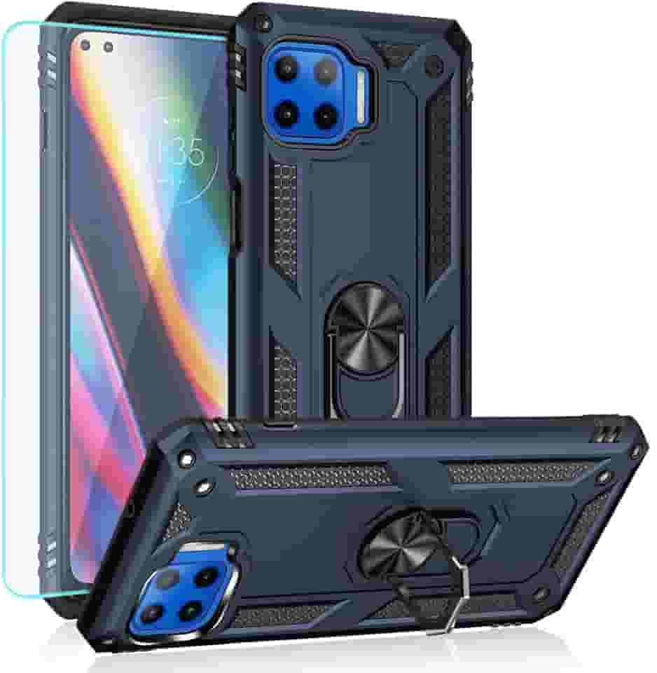 Capa para Moto One 5G, capa para Moto One 5G UW, com protetor de tela HD, suporte de anel para carro YZOK [nível militar] capa protetora híbrida de policarbonato rígido macio TPU à prova de choque para Motorola Moto One 5G (azul)