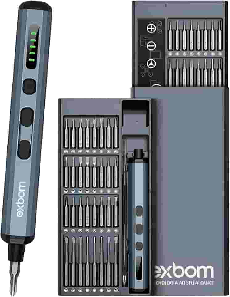 Chave de Fenda Elétrica de Precisão Portátil Exbom PRO-CKE6800, Sem Fio, Aço, 200 RPM, 3.7V, Bateria de Íon de Lítio, 35 Nm, 10mm, 68 Em 1 Bits, 28mm e 45mm