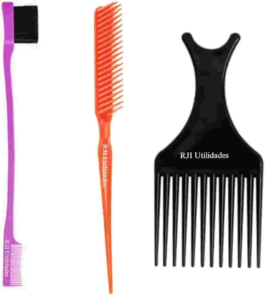 Kit Pente Cabelo Garfo Afro Black + Pente 3 Fileiras Fitagem + Baby Hair Sombrancelha Pentinho 2 em 1 - RJI Utilidades