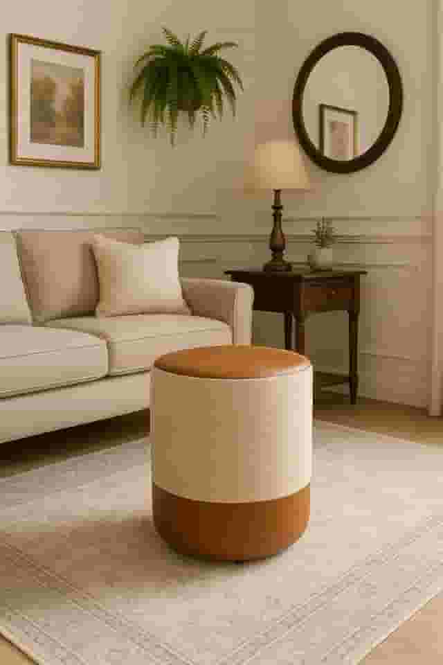 Puff Plus Banquinho Redondo Decorativo em Linho Base e Tampo Courino Bege/Caramelo - PC MÓVEIS