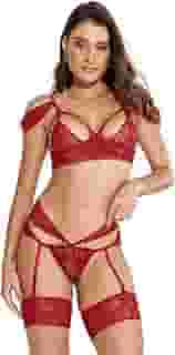 Conjunto Lingerie Sensual Rendado Cinta Liga Sem Bojo Renda