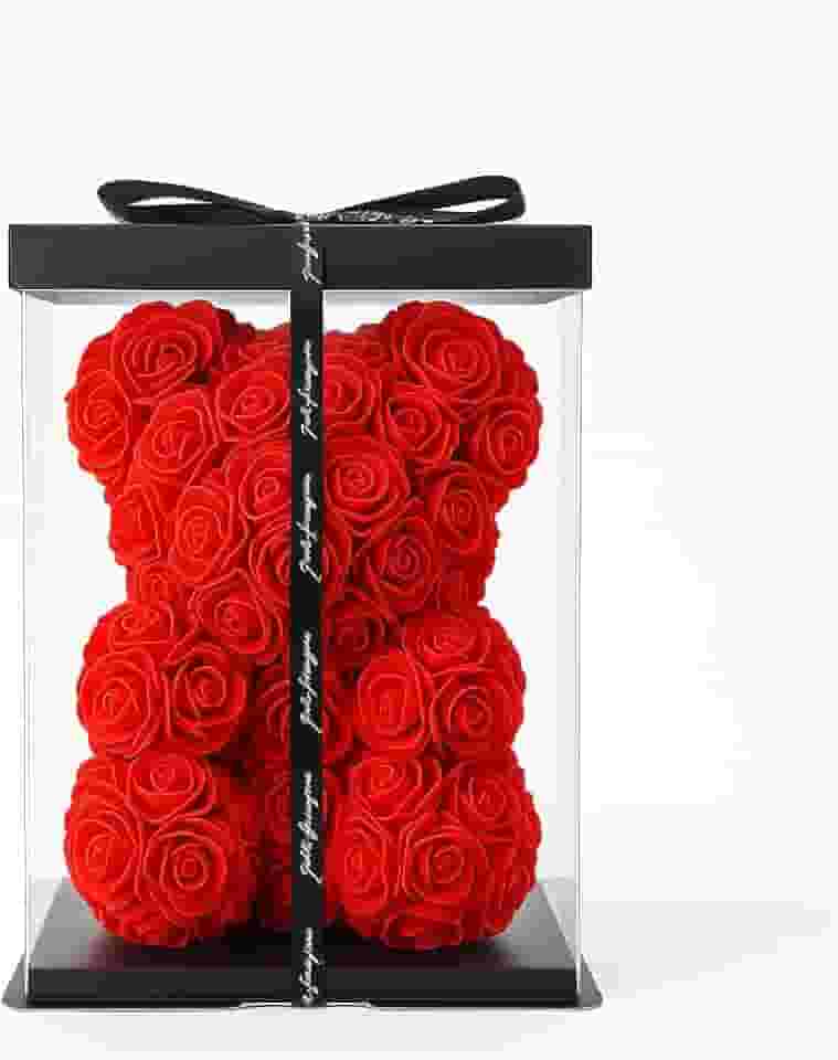 Urso de Rosas Artificiais Vermelhas 25cm com Caixa de Presente – Presente Romântico para Namorada, Aniversário, Dia dos Namorados, Decoração Luxuosa