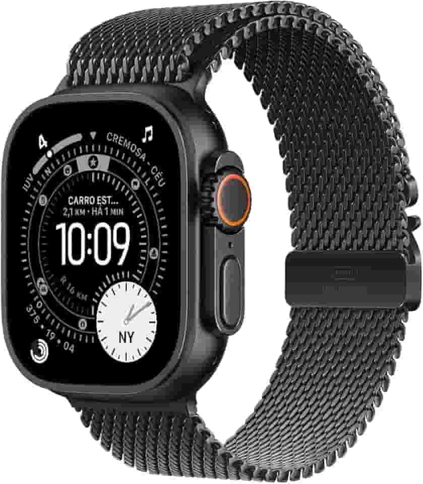 Apple Watch Ultra 3 GPS + Cellular, Caixa em titânio preto de 49 mm com Loop milanesa em titânio preto ‑ M