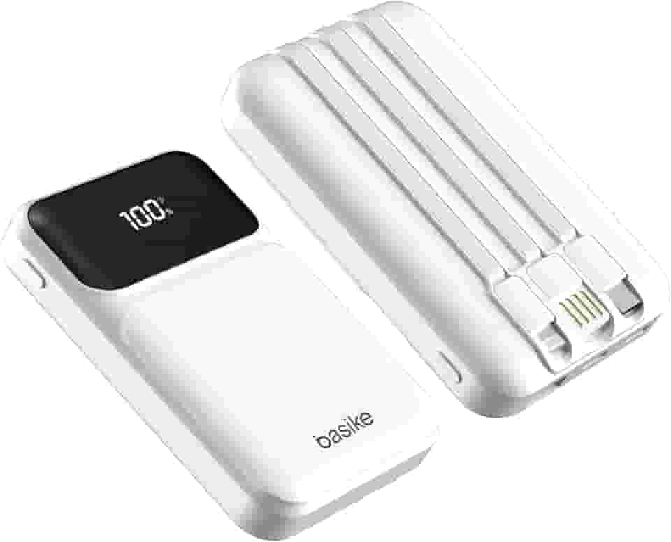Basike Power Bank, Carregador Portátil Universal 10000mAh, USB-A(até 22.5W)+USB-C(até 20W) com 3 Cabos Integrados (USB-C, USB, Lightning) Carregamento Rápido, Led Indicador de Bateria (Branco)