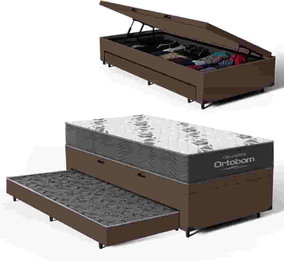 Bicama Box Baú Solteiro com Colchão de Espuma D33 Ortobom Airtech 100 + Auxiliar Unique 88cm (Marrom)
