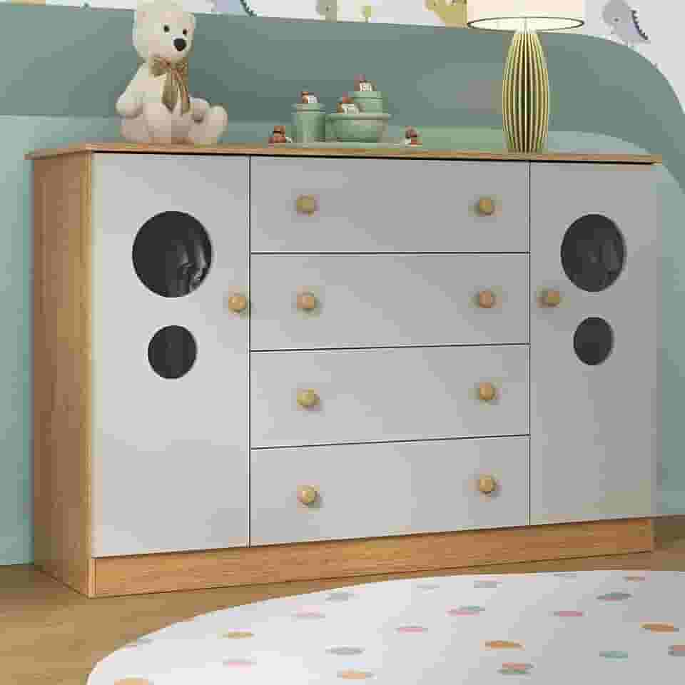 Cômoda Infantil 125cm 2 Portas com Vidro e 4 Gavetas Pirulito Multimóveis Mp4470 Madeirado/off White