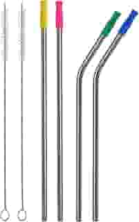 Canudo Inox Padrão e Milkshake Reutilizável Sustentável Aço Inoxidável Grosso Reto Curvado Com 2 Escovas de Limpeza - 6 Peças