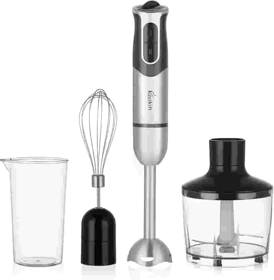 Mixer de Mão 3 em 1 Portátil KOOKIN 800W inox com 8 Velocidades Ajustáveis, Função Turbo e Lâminas 2 Afiadas + 2 Reforçadas em Aço Inox 304, Corpo em Inox e Fácil de Limpar(220V)