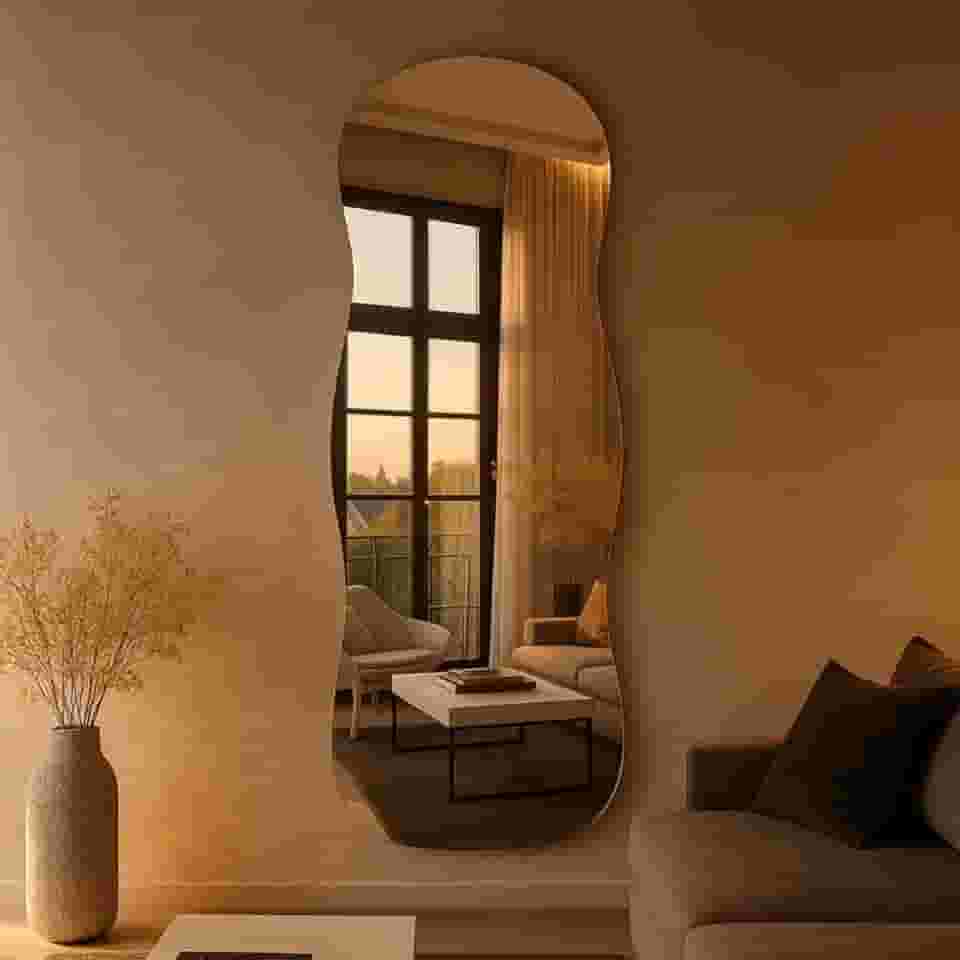 Espelho Aura Orgânico Lopazzi 90x40cm com Suporte Banheiro Quarto Sala Design Moderno Vidro Polido Decorativo Instalação Vertical e Horizontal