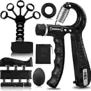 Hand Grip 5kg a 60kg + Extensor de Dedos + Anel de Resistência + Ovo Antiestresse + Exercitador de Mãos + Bolsa - Kit Fortalecedor de Mãos, Punho, Antebraço, Fisioterapia e Reabilitação
