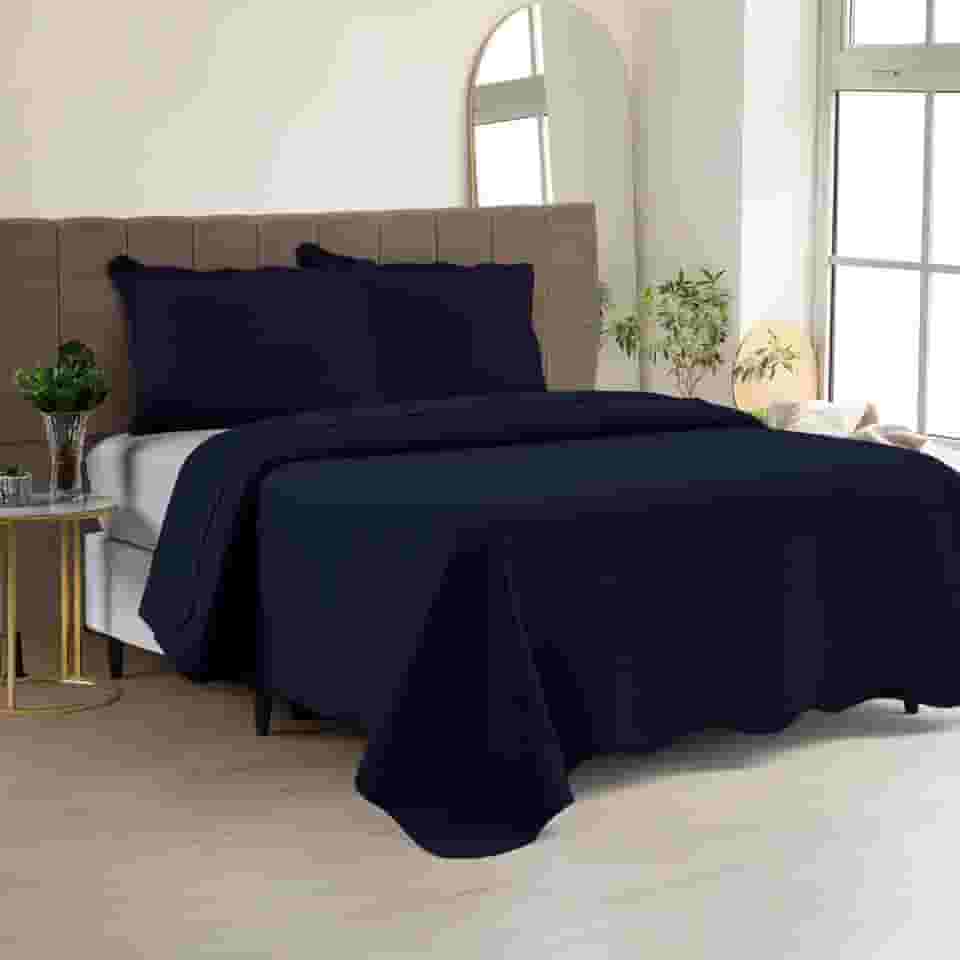 Cobre Leito Colcha Casal Padrão Dupla Face com Toque Macio 200 Fios Ultrasonic 03 Peças Bulet - Azul Marinho