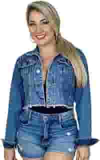 Jaqueta Jeans Feminina Cropped Com Strass Manga longa Luxo