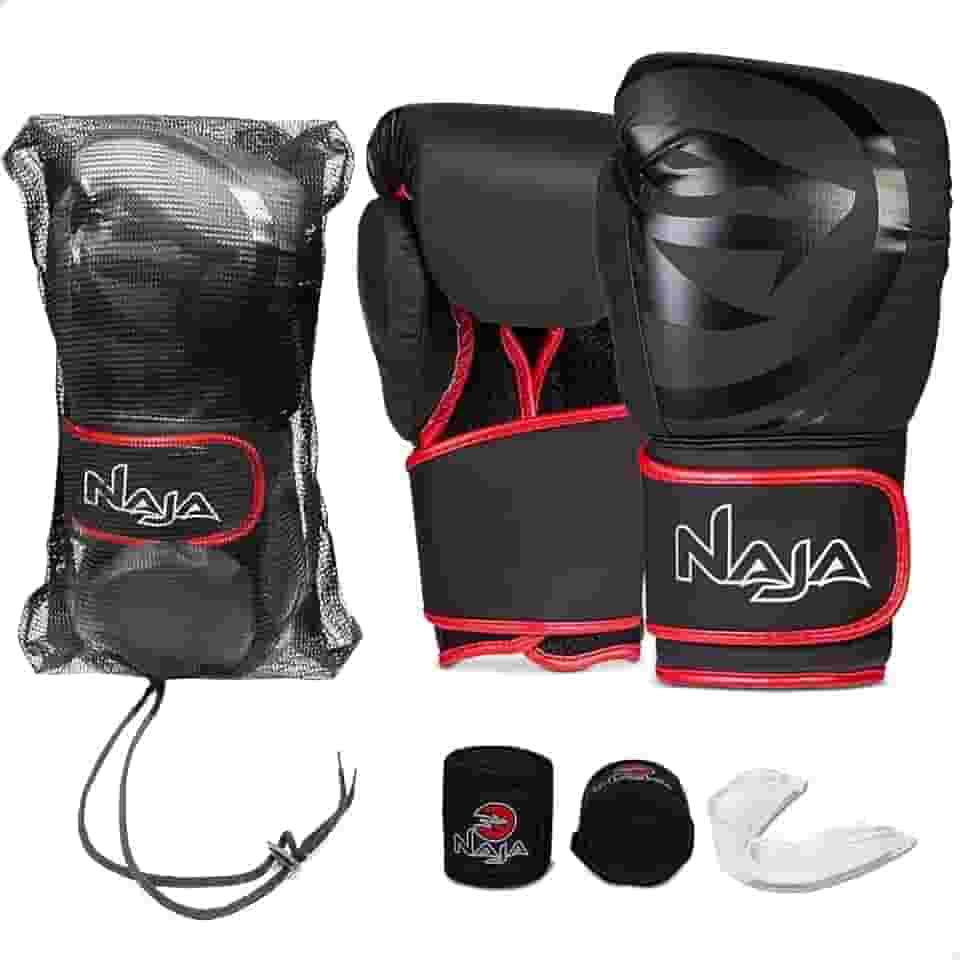 Luva de Boxe e Muay Thai Naja Black Line + Bandagem + Protetor Bucal + Bolsa (14oz, Red)
