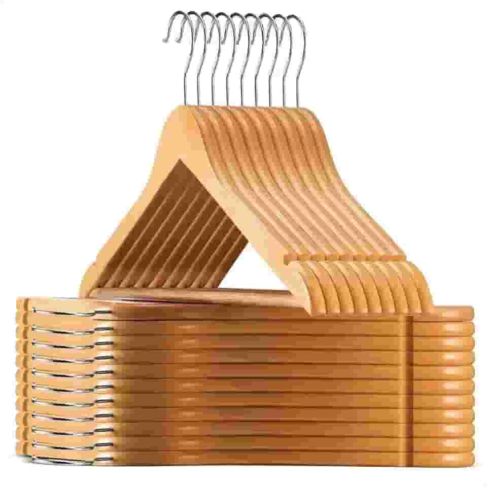 CABIDE DE MADEIRA PREMIUM MAPLE AMOREJA – Kit 20 Unidades | Entalhes para Alças | Ideal para Roupas Finas, Calças e Closet de Luxo