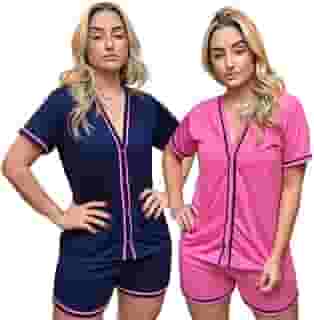 Kit Pijamas Femininos Americanos aberto com Botões Blogueira Curto Verão
