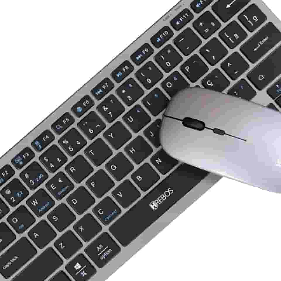 Teclado e mouse sem fio recarregável wireless bluetooth USB kit HRebos HS-525k (Cinza)